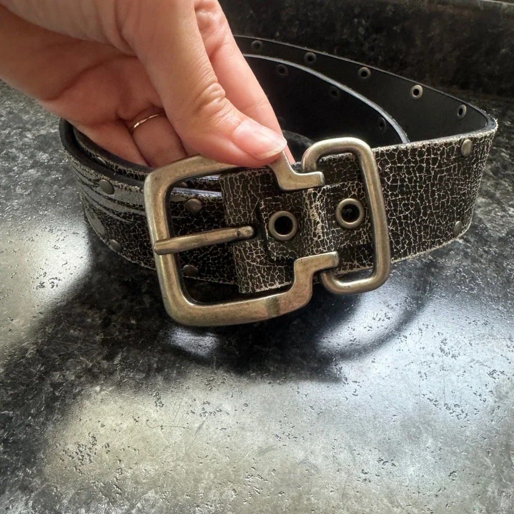 Genuine Leather Black Cracked Silver Eagle Wing Studded Belt 36
